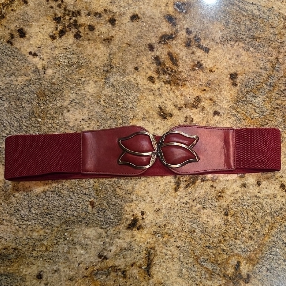 Stretchy Elegant Red Belt with Gold Buckle